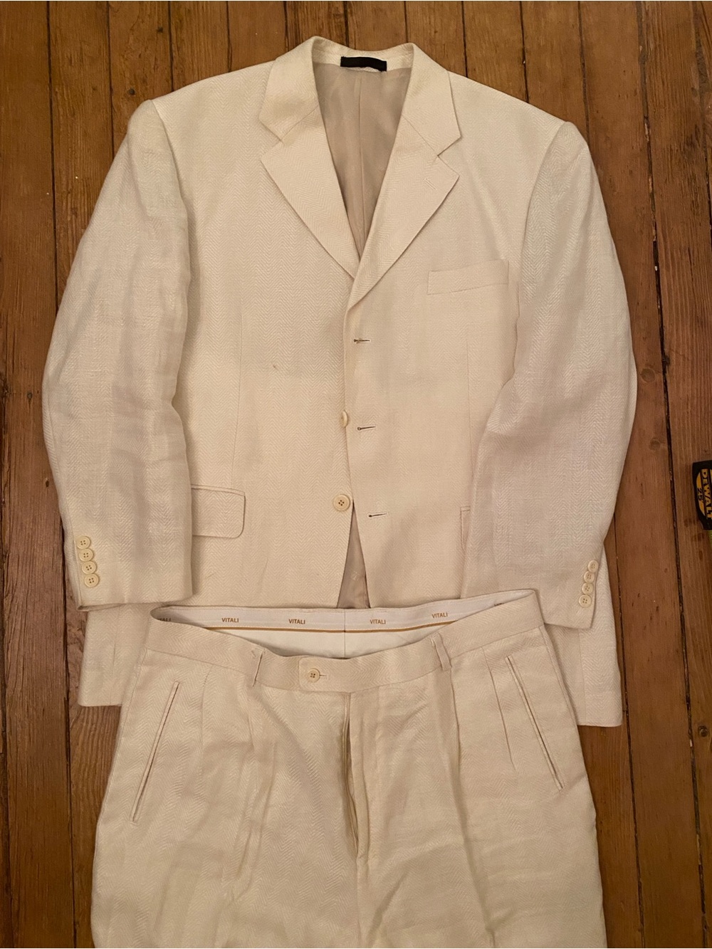 Men's Cream Two-Piece Linen Suit Jacket & Trousers 44 38 waist